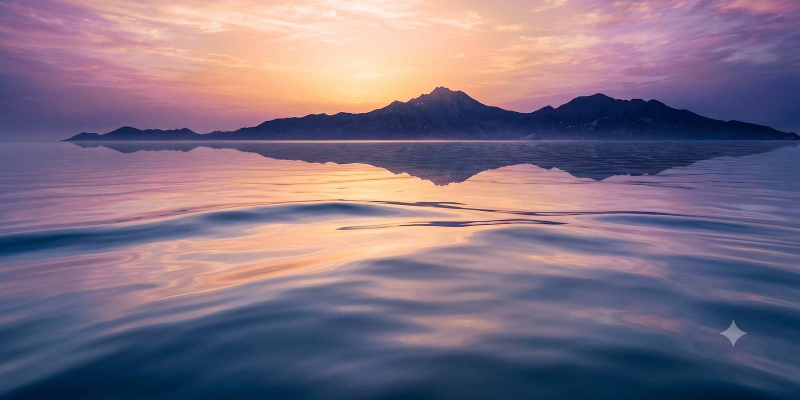 Still water beneath mountains at dusk